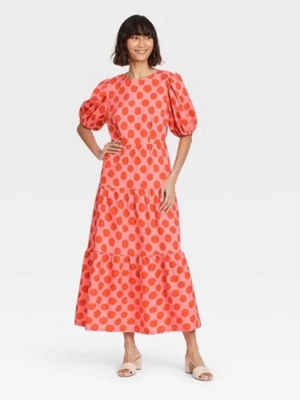 NWT Who What Wear Pink Orange Polka Dot Tiered Maxi Dress Puff Sleeve Size XS